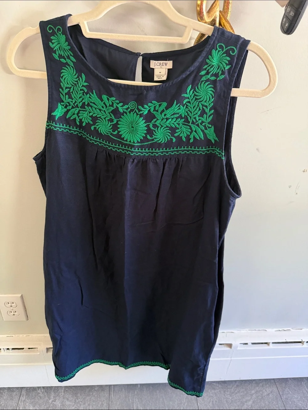 J. Crew Navy Sleeveless Embroidered Camisole with Green Floral Detail